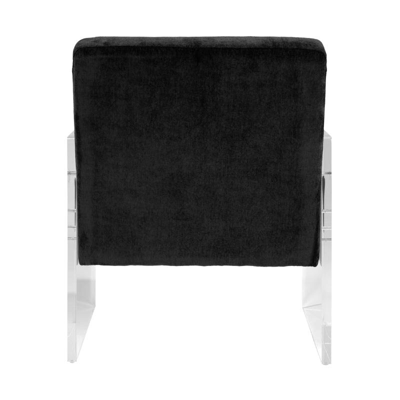 Black cushioned chair with clear acrylic frame on a white background