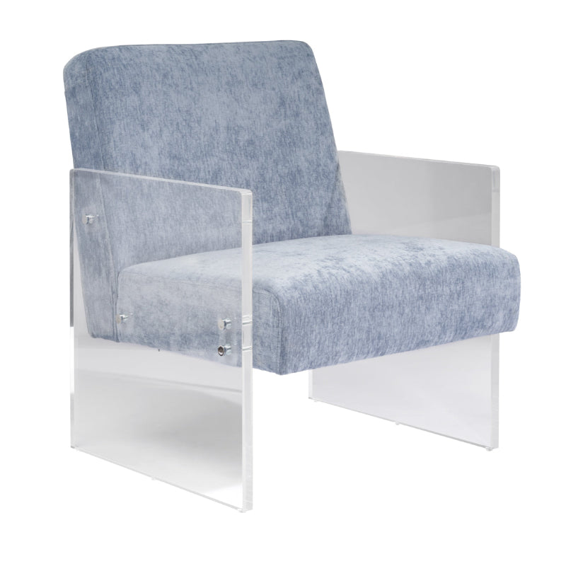 Modern chair with blue cushioned seat and backrest on a white background
