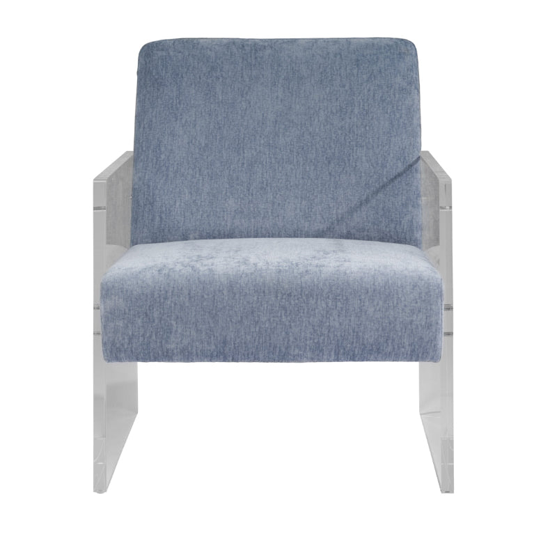Blue upholstered chair with a white frame on a white background