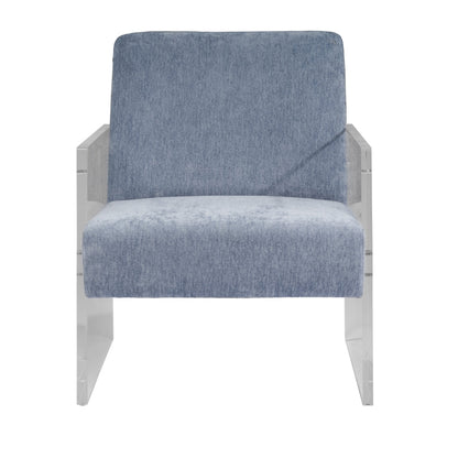 Blue upholstered chair with a white frame on a white background