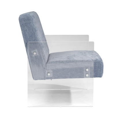 Blue upholstered chair with clear base on a white background