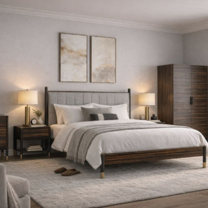 Modern bedroom with a bed, nightstands, and wall art.