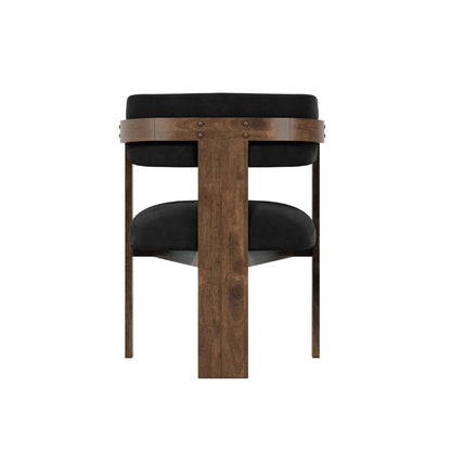 Chair with black cushioned seat and backrest on a wooden frame against a white background