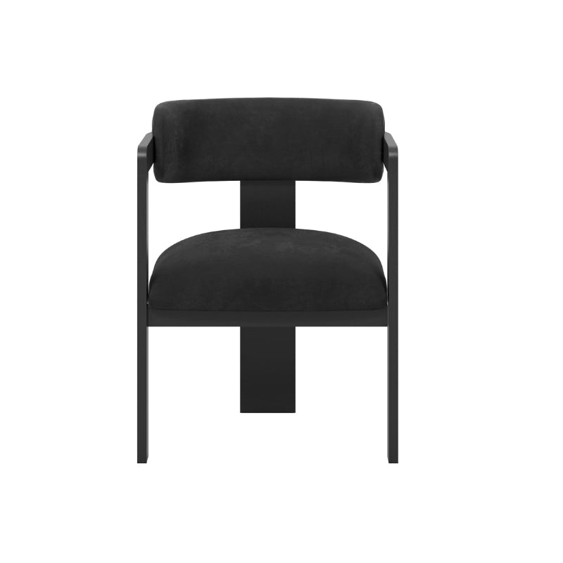 A modern black armchair with a matte black metal frame and plush black fabric upholstery, shown from a straight-on perspective against a solid white background.