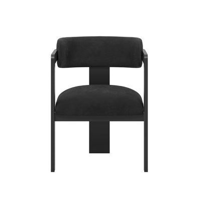 A modern black armchair with a matte black metal frame and plush black fabric upholstery, shown from a straight-on perspective against a solid white background.
