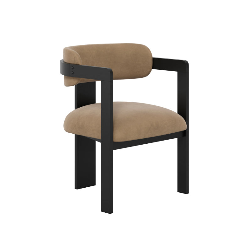 Chair with beige cushioned seat and backrest on a black frame against a white background