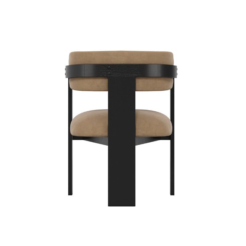 Chair with beige cushioned seat and backrest on a black frame against a white background
