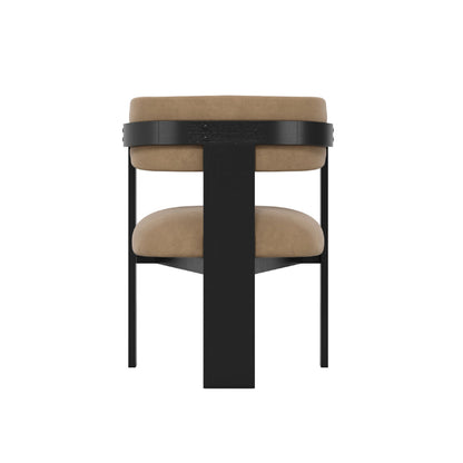Chair with beige cushioned seat and backrest on a black frame against a white background