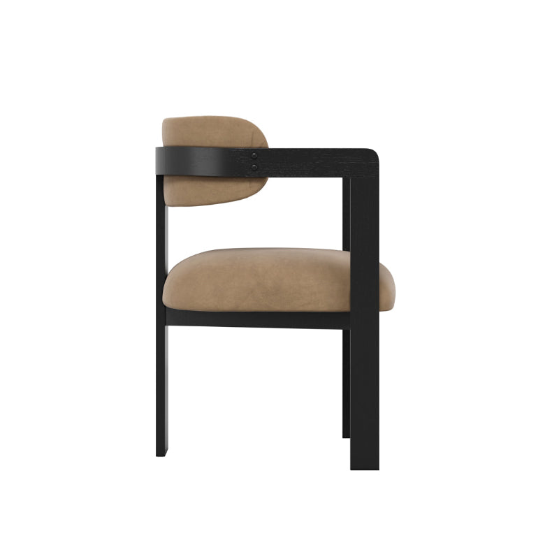 Chair with black frame and beige cushion on a white background