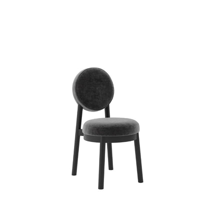 A modern dining chair with a dark gray velvet upholstered seat and circular backrest, supported by slim black legs, shown against a plain white background.