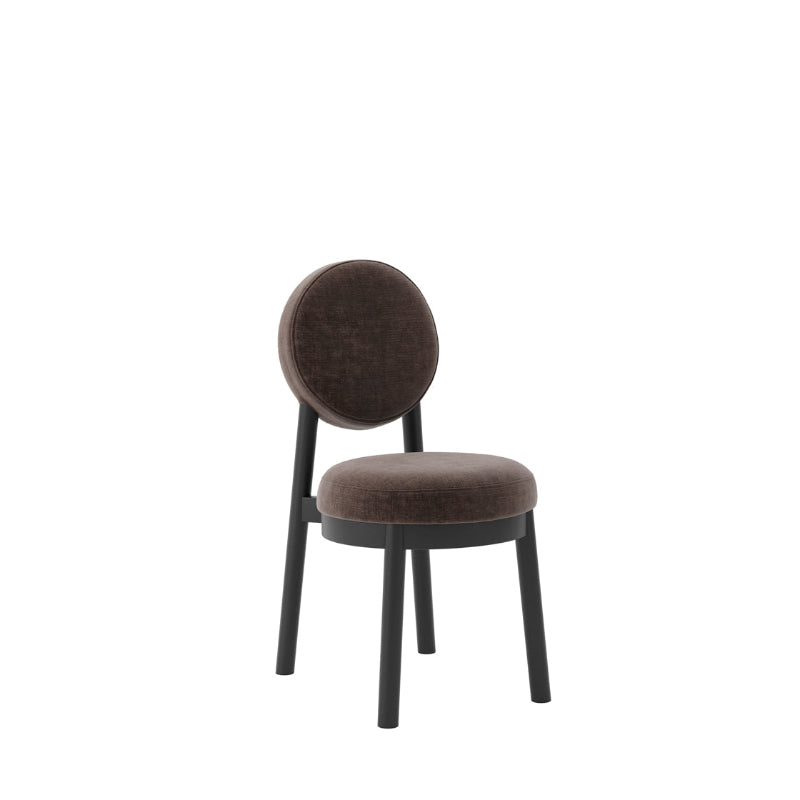 A modern dining chair with a round upholstered backrest and seat cushion in a dark brown textured fabric, supported by slim black metal legs, shown against a plain white background.