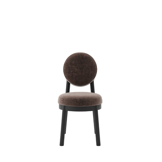 A modern dining chair with a round upholstered backrest and seat cushion in a dark brown velvet fabric, supported by a black metal frame, shown against a plain white background.