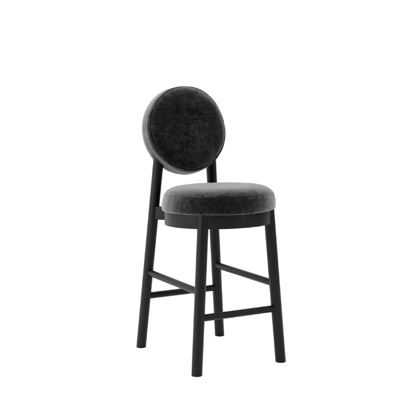 A modern bar stool with a dark gray velvet upholstered seat and circular backrest, supported by a black metal frame, shown against a plain white background.