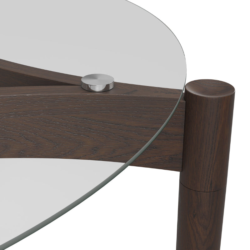 Close-up of a wooden table with a glass top on a white background
