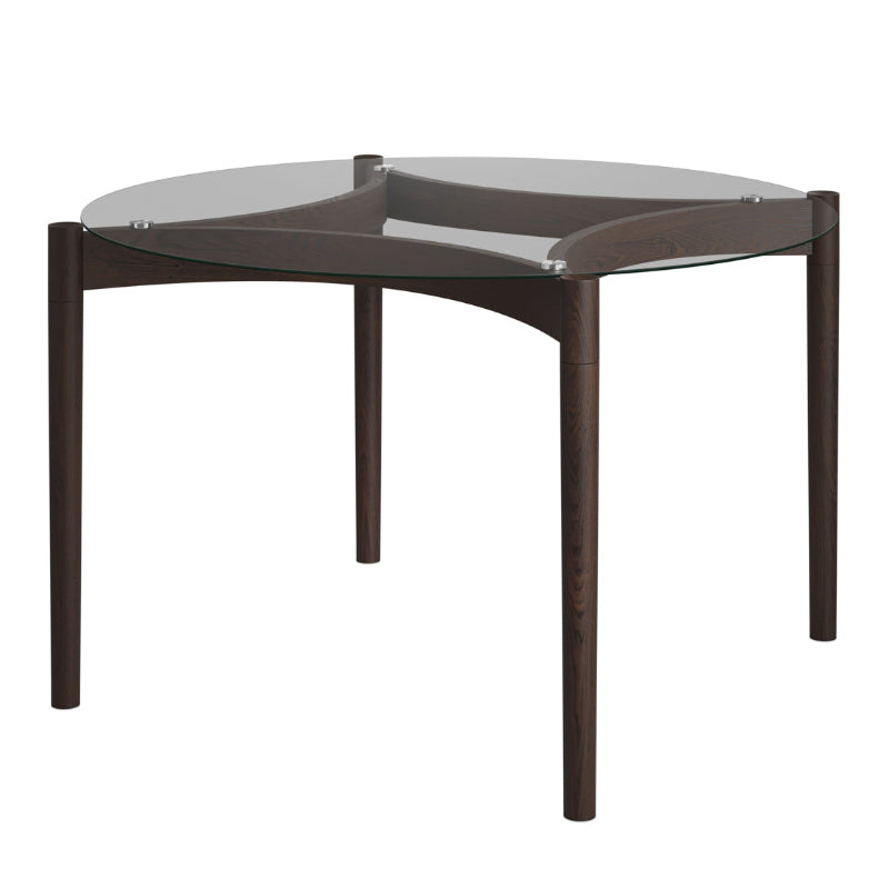 Corner table with glass top and dark wood legs on a white background