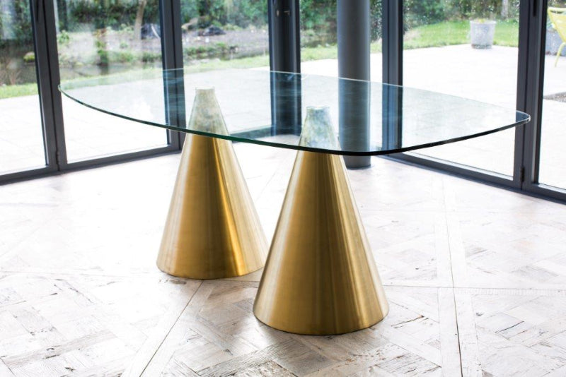 Gillmore Clear Glass Top & Twin Brass Base Rectangular Dining Table