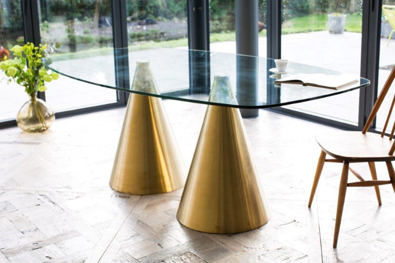 Gillmore Clear Glass Top & Twin Brass Base Rectangular Dining Table