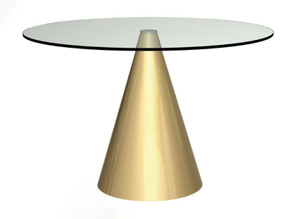 Glass-top dining table with a gold metallic base on a white background