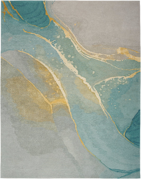 Abstract art with blue and gold colors on a textured surface