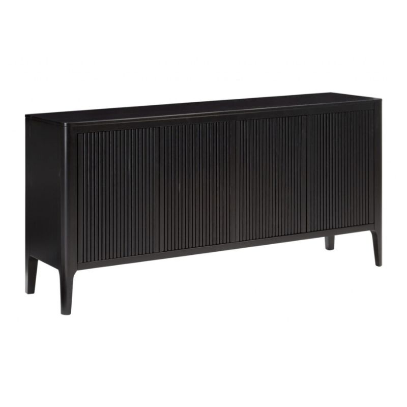 Black sideboard with slatted design on a white background