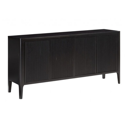 Black sideboard with slatted design on a white background