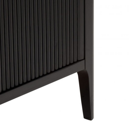 Close-up of a black cabinet with ribbed design on a white background