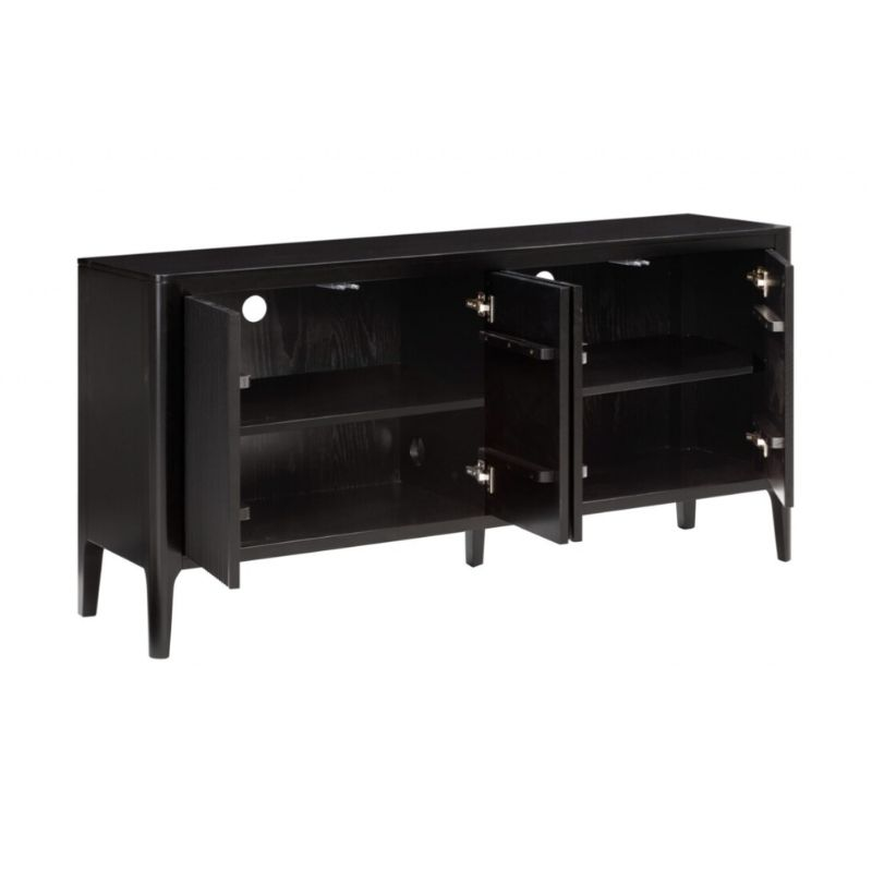 Black entertainment console with open doors on a white background