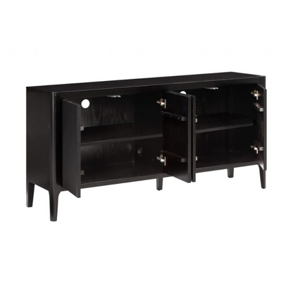 Black entertainment console with open doors on a white background