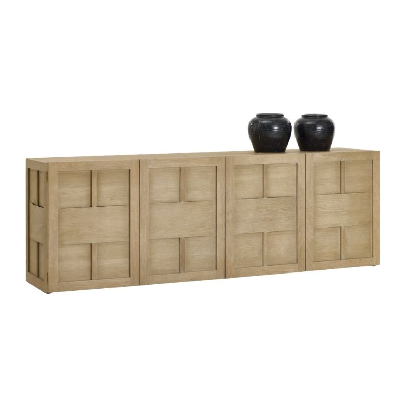 Wooden sideboard with woven design and two black vases on a white background