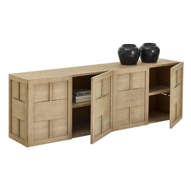 Wooden sideboard with open doors displaying books and vases on a white background