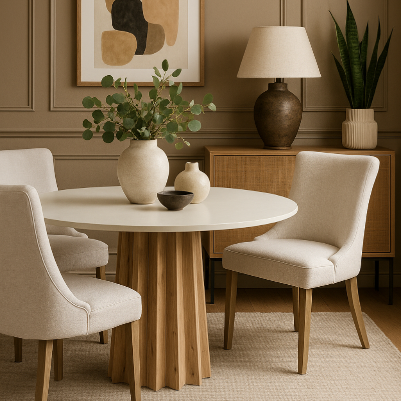 Dining room with a round table, chairs, and decorative elements.