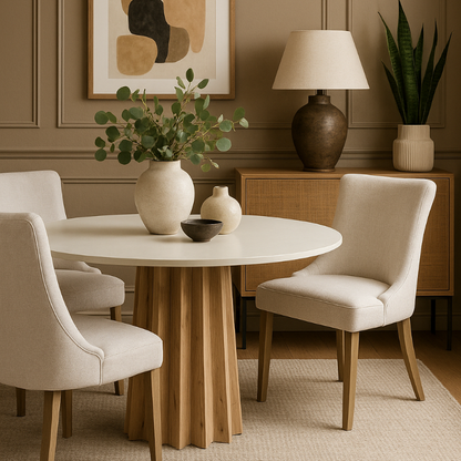Dining room with a round table, chairs, and decorative elements.