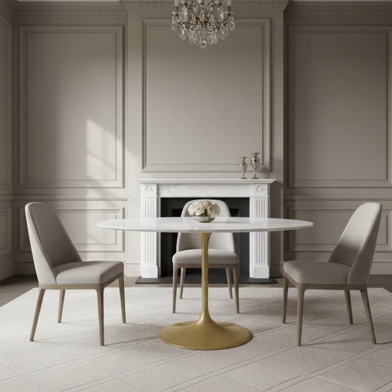 Round table with a white top and gold base on a white background