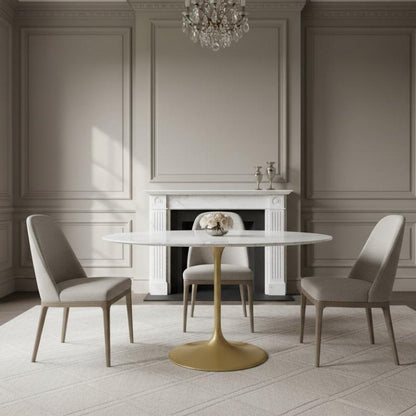 Round table with a white top and gold base on a white background