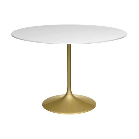 Round table with a white top and gold base on a white background