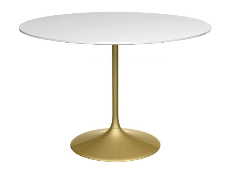 Gillmore Swan Large Gloss White Top, Brass Column & Base Large Round Dining Table