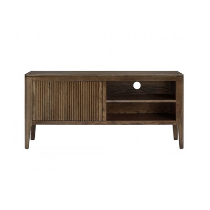 Wooden TV stand with a single shelf and a door on a white background