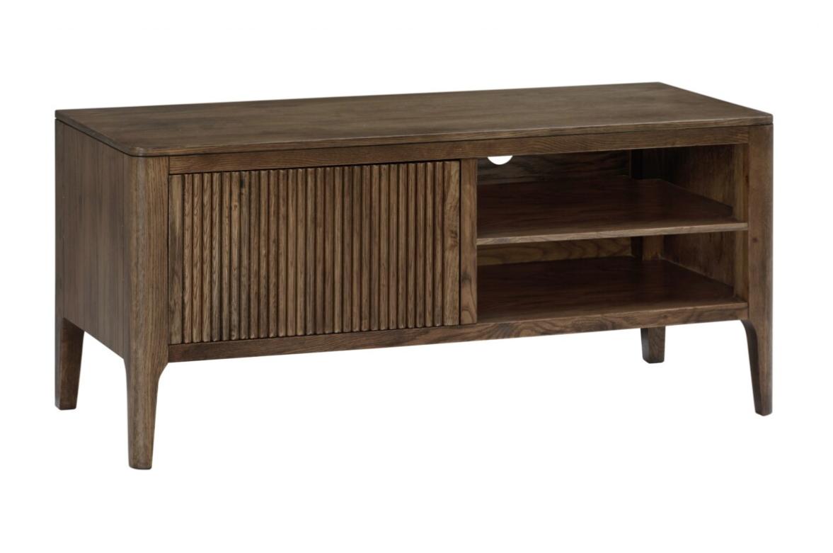 Wooden TV stand with a slatted side panel on a white background