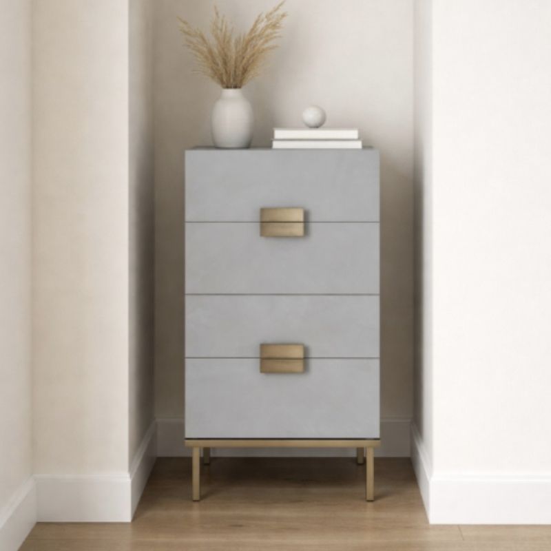 Grey cabinet with gold accents against a neutral wall