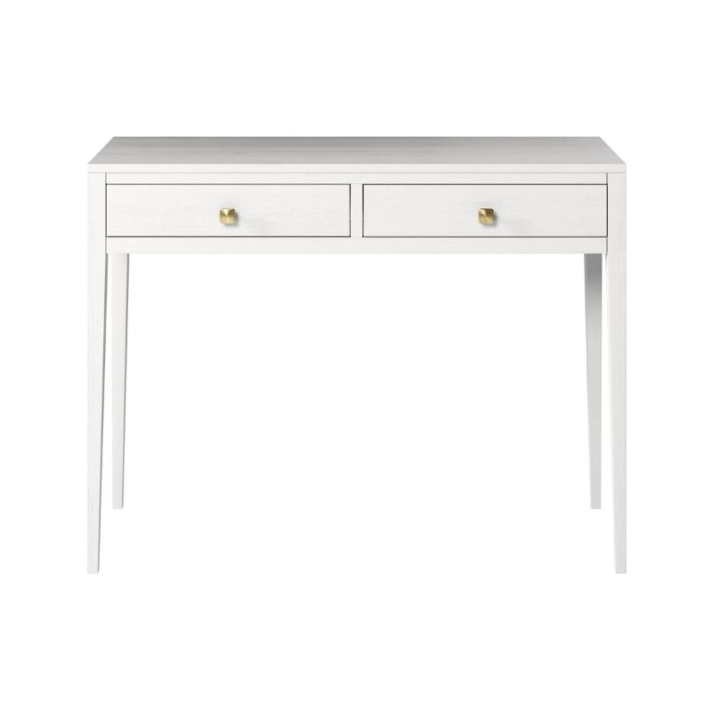 White console table with two drawers and gold handles on a white background