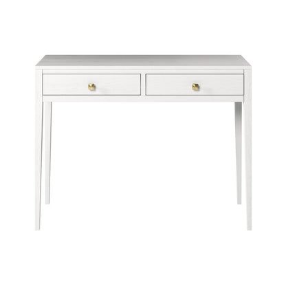 White console table with two drawers and gold handles on a white background