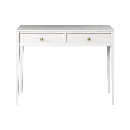White console table with two drawers and gold handles on a white background