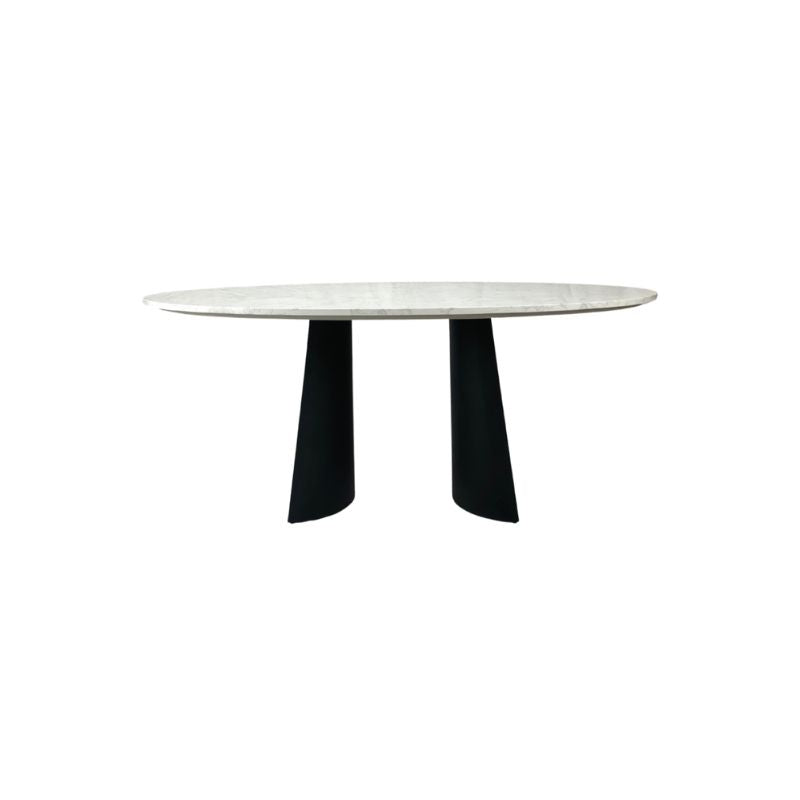 Ova table with a white marble top and black legs on a white background