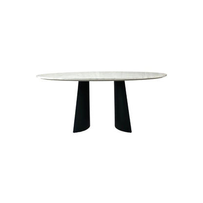 Ova table with a white marble top and black legs on a white background