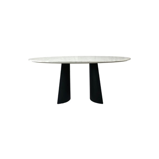 Ova table with a white marble top and black legs on a white background