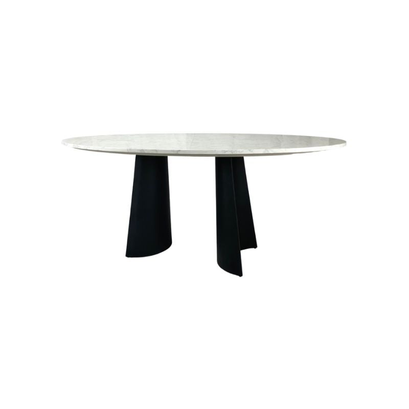 Oval table with a white marble top and black legs on a white background