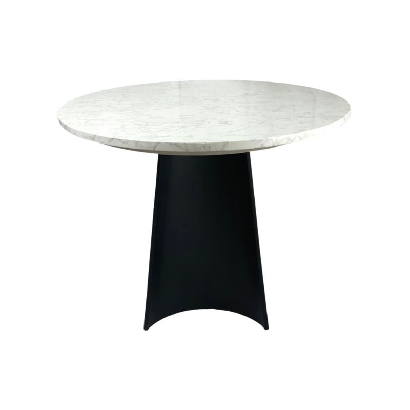 Oval marble table with a black base on a white background