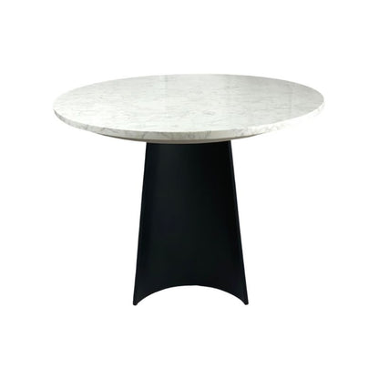 Oval marble table with a black base on a white background
