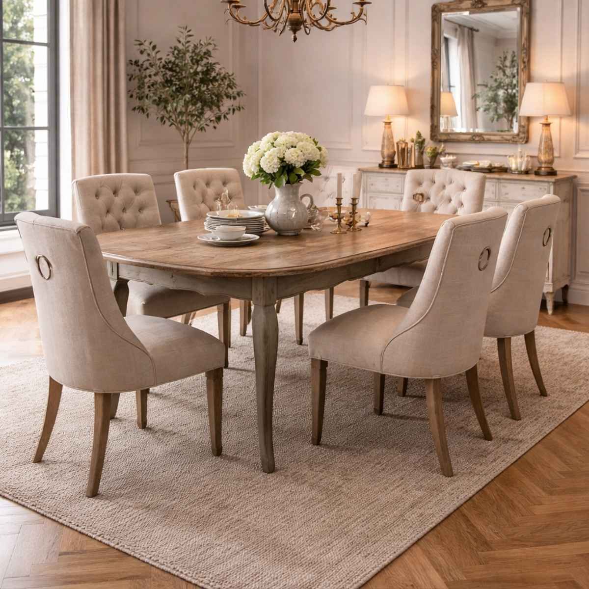 Dining room with wooden table and beige chairs in a well-lit room.