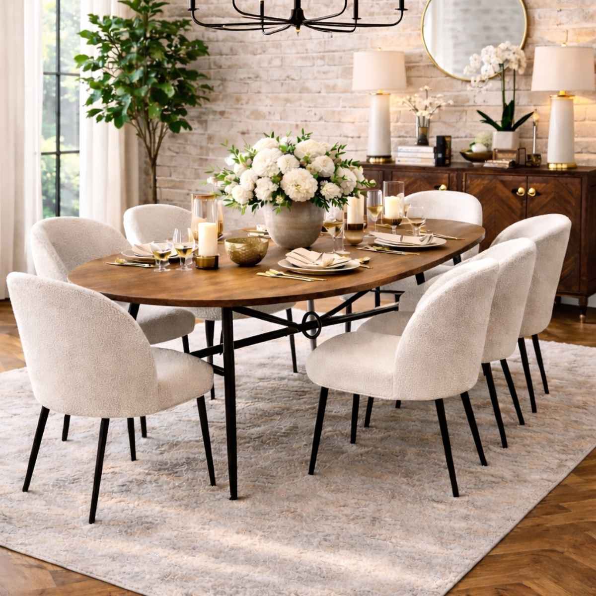 Dining room with a round wooden table and white chairs on a patterned rug.
